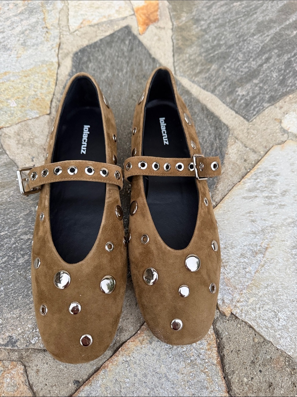 Lola Cruz Brown Suede Mary Jane Flats with Silver Grommet Accents